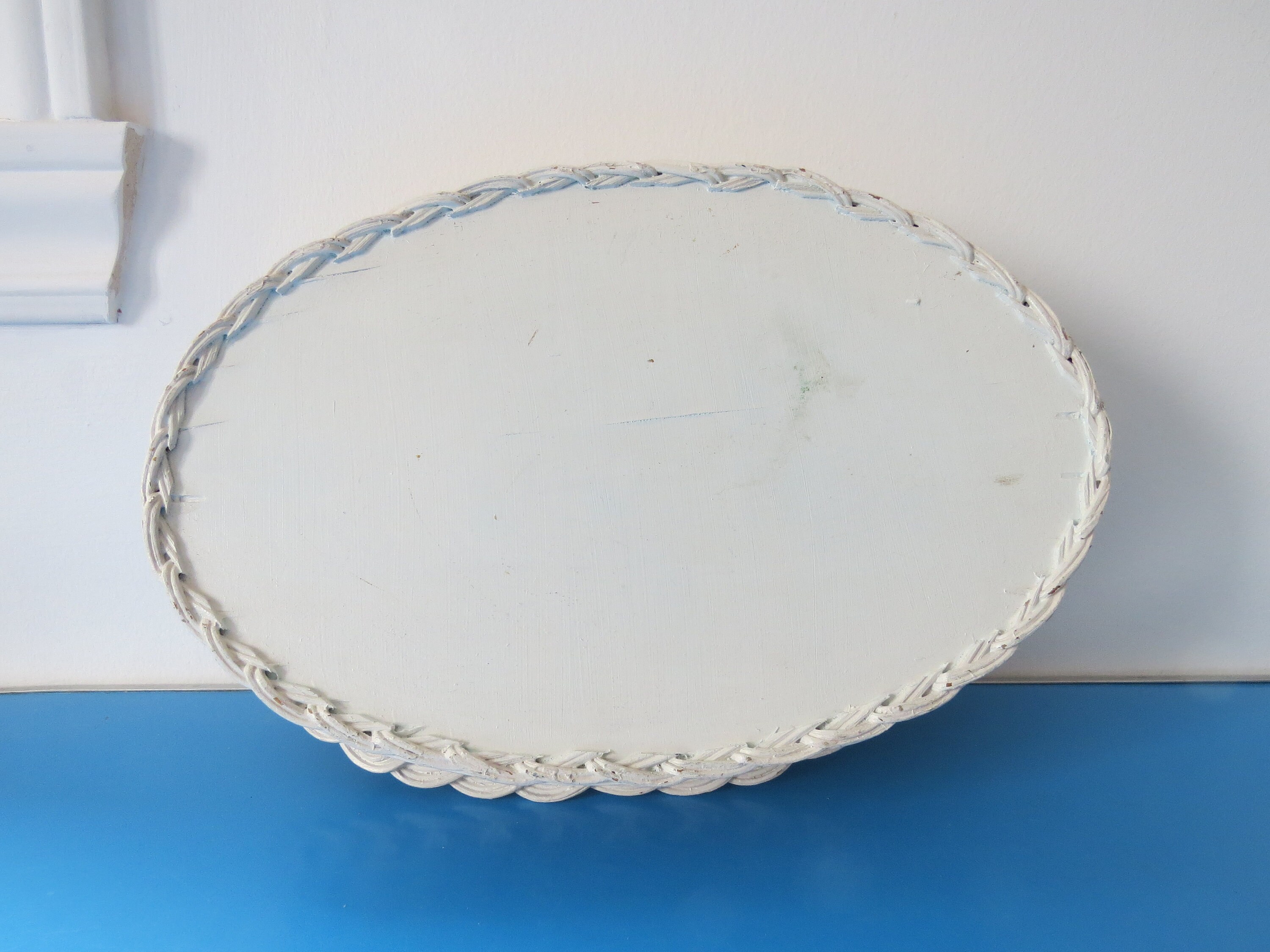 Vintage Oval Wicker Tray Basket, Pressed Wood, Offwhite Paint, Nursery