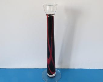 Vintage Blown Art Glass Black and Red 15.5 in Tall Dramatic Candle Holder, Gothic or Theatrical Candlestick