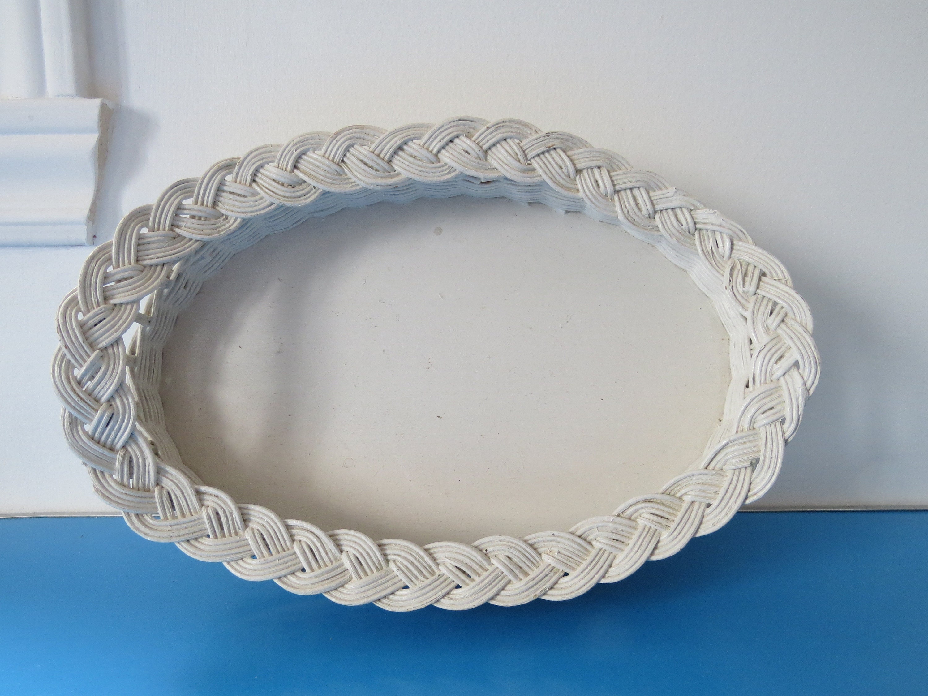Vintage Oval Wicker Tray Basket, Pressed Wood, Offwhite Paint, Nursery