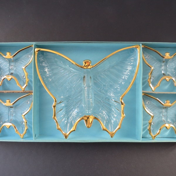 Vintage Glass Butterfly Trinket Dish, Jeannette Glass, Serving Dish, Catch All, Made in USA, Set of 5 pieces, MCM, Original Box