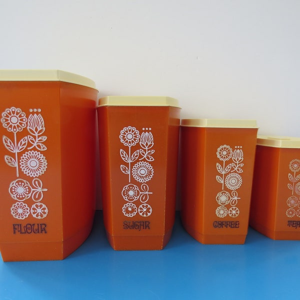 Vintage 1960s Orange Plastic Nesting Kitchen Canisters, Flower Power Canister Set, Flour, Sugar, Coffee, Tea, Retro, MCM