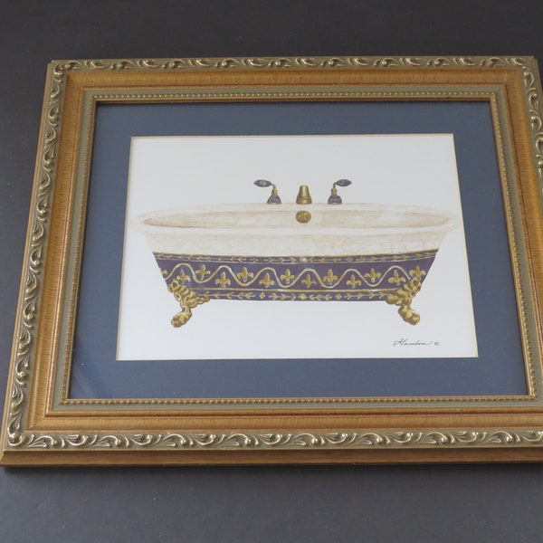 Vintage Framed Print, Victorian Bathtub by Gamboa, Fleur-de-lys, Gold, Navy Blue, White, Matted, Shabby Chic, Victorian Home, French Cottage