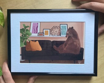 bear in a cave; professionally framed 5"x7" art print; cozy; whimsical wall art