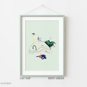 Sieste de chat imprimé 4"x6" ; illustration de rêve de chat avec verre brisé, souris et oiseaux