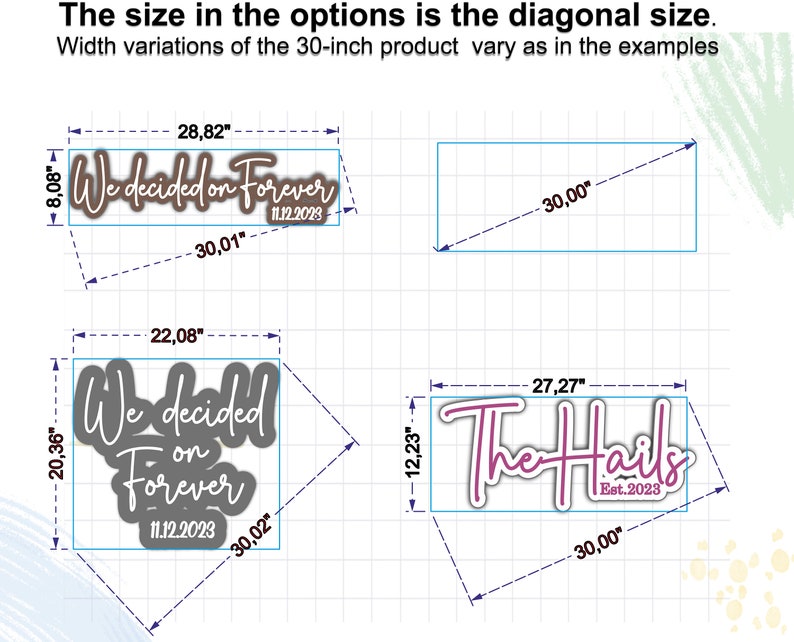 May include: Four different designs for a 30-inch sign. The first sign is brown with the text "We decided on Forever 11.12.2023". The second sign is gray with the text "We decided on Forever 11.12.2023". The third sign is pink with the text "The Hails Est. 2023". The fourth sign is blank.