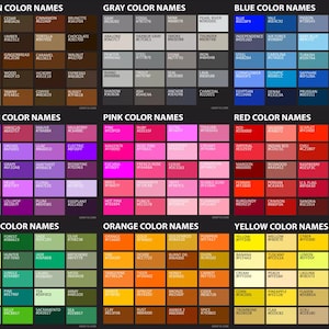 May include: A chart with color names and their corresponding hexadecimal codes. The chart is divided into 10 sections, each representing a different color family: brown, gray, blue, violet, pink, red, green, orange, yellow, and white. Each section contains a grid of 16 squares, each representing a different shade of the color family. The chart is a helpful resource for designers and artists who need to identify specific colors.