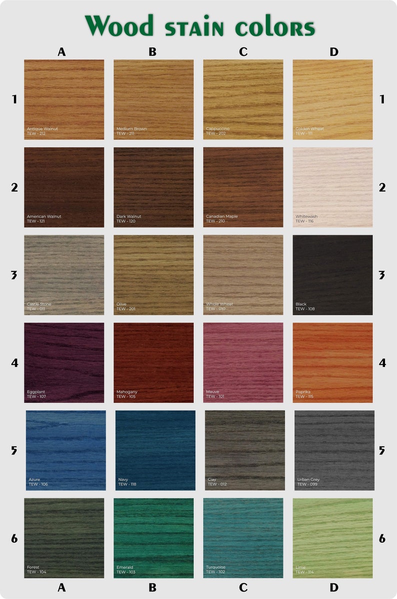 May include: A chart of 24 wood stain colors with their names and corresponding codes. The colors are arranged in rows and columns, with each color having a different shade of brown, red, blue, green, or gray.