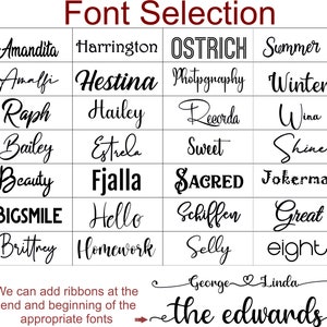 May include: A chart with a list of different font styles, including Amandita, Harrington, OSTRICH, Summer, Amalfi, Hestina, Photography, Winter, Raph, Hailey, Recorda, Wina, Bailey, Estrela, Sweet, Shine, Beauty, Fjalla, SACRED, Jokerman, BIGSMILE, Hello, Schiffen, Great, Brittney, Homework, Selly, eight, George Linda, and the edwards. The text at the bottom of the chart reads "We can add ribbons at the end and beginning of the appropriate fonts."