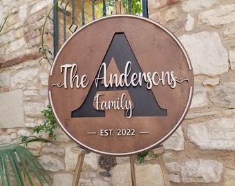 Monogrammed Round Family Name Sign, Rustic Wedding Gift