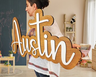 Laser Cut Wood Name Sign: Layered Nursery Decor