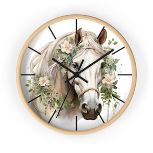 Cute White Floral Horse Wall Clock, Cute Horse Decor, Horse Girl, Horse Lover Gift, Gift For Her, Horse Rider, Horse Owner, Horse Decoration