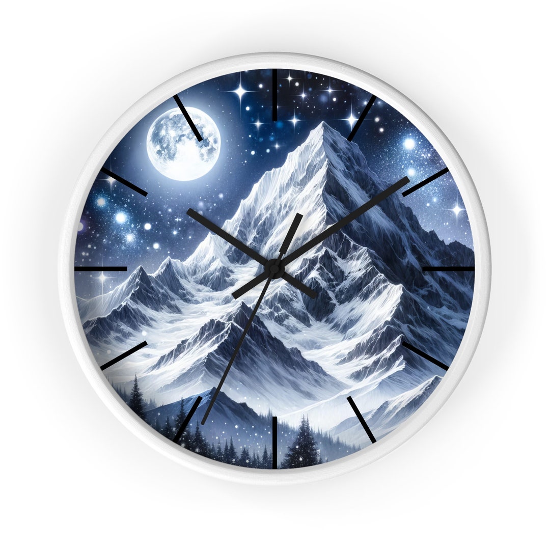 Winter Snow Mountain Full Moon Wall Clock, Home Decorations, Mountain ...