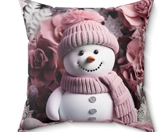 3D Pink Snowman Christmas Square Pillow, Pink Christmas Throw Pillow, Cute Snowman Home Decor, Winter Decor, Christmas Snowman