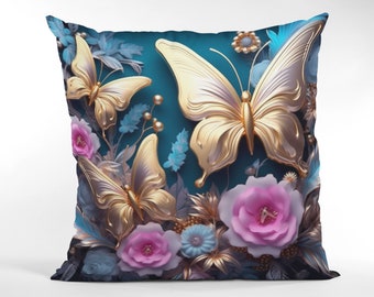 Stunning Floral Butterfly Pillow, Butterfly Decor, Butterfly Gifts, Room Pillows, Home Butterfly Decor, Throw Pillow, Gold Butterfly Pillow