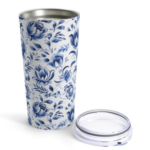 Delft Blue Motif Floral Tumbler 20oz Tumbler Gift For Her Chinoiserie Blue Flower Tumbler Floral Tumbler Cup Gift For Birthday Gift for Her