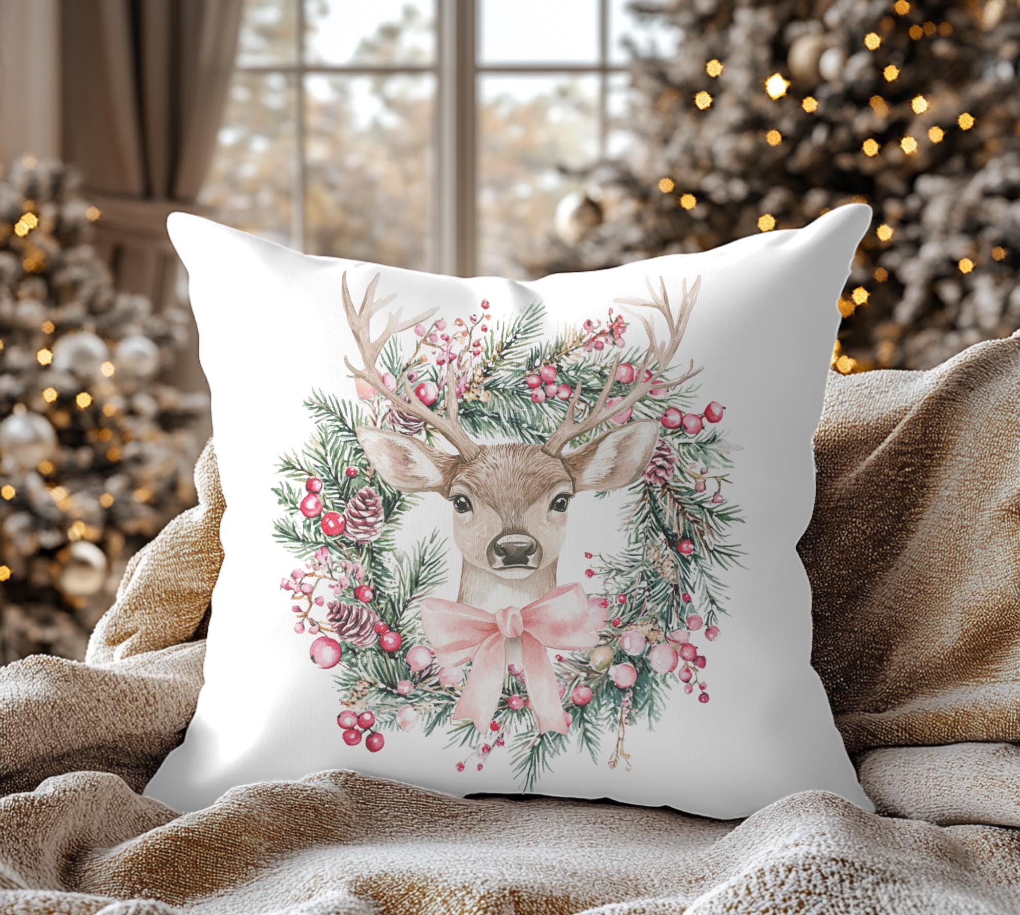 Christmas Deer In Wreath Holiday Square Pillow Christmas Pillows Holiday Decorations Wildlife Deer Pink Christmas Throw Pillows Holidays