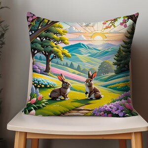 Spring Easter Bunny Decorative Throw Pillow, Easter Decorations, Rabbits In Sunset Throw Pillow, Cute Bunnies, Easter Gift For Her