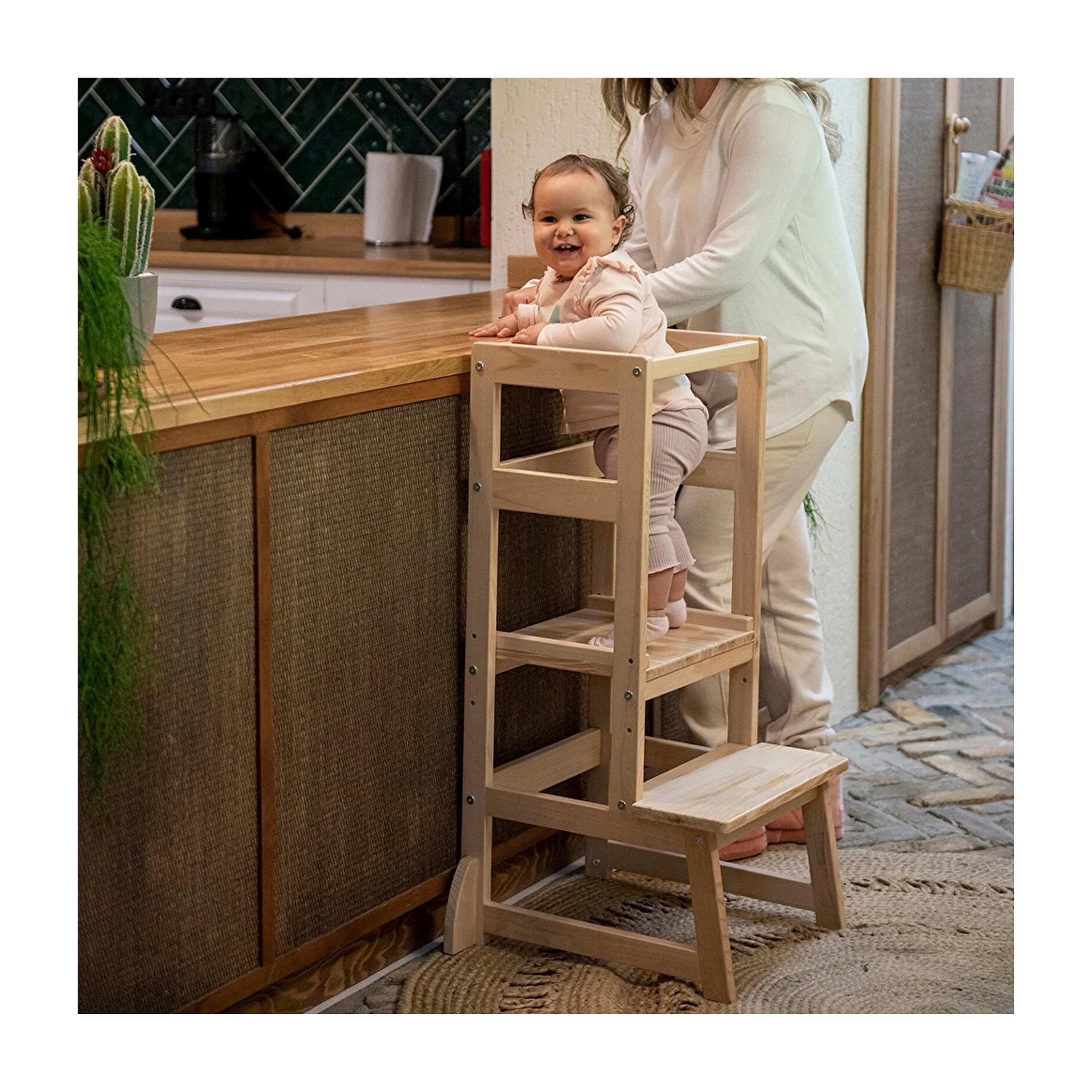 Montessori Learning Tower Toddler Step Natural Finish Adjustable Height with Safety Rail Solid Wood 