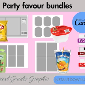 May include: A digital download of printable party favor labels featuring popular snack brands like Lay's, Pringles, Capri-Sun, and Go-Gurt. The labels are designed to fit standard snack sizes and are perfect for birthday parties, classroom celebrations, or any other occasion.