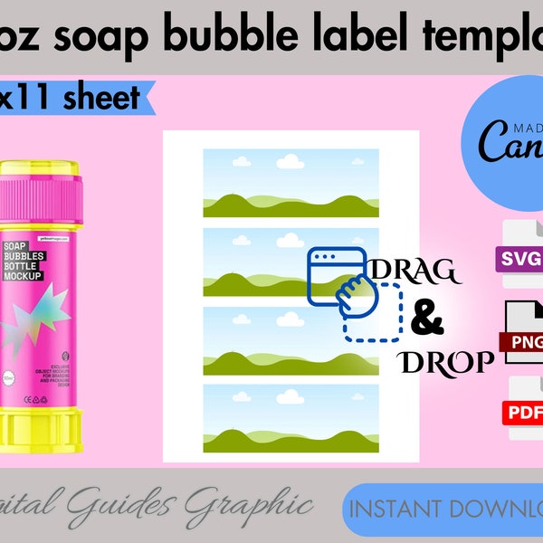 Soap bubble bottle label template, DIY label template, bottle label sticker, sticker label, canva editable, printable labels, drag and drop.
