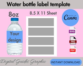 Water bottle label template, printable bottle label template, DIY label template, Canva editable, 8.5x11 sheet, printable template, SVG, PNG