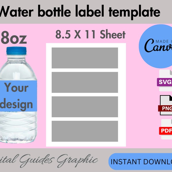 Water bottle label template, printable bottle label template, DIY label template, Canva editable, 8.5x11 sheet, printable template, SVG, PNG