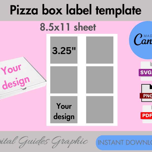 Pizza box label template, pizza box template, printable template, instant download, PNG, SVG, PDF, 8.5x11 sheet.