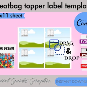 May include: A printable template for treat bag toppers. The template features a blue sky with white clouds, green grass, and a dotted border. The text "DRAG & DROP" is included on the template. The template is designed to be printed on an 8.5 x 11 inch sheet of paper.