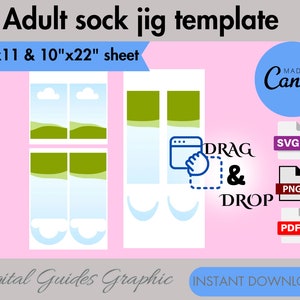 May include: A digital template for creating sock jigs. The template includes two sock designs, one with a green and blue landscape and the other with a white cloud design. The template is available in SVG, PNG, and PDF formats. The text "DRAG & DROP" is included on the template.