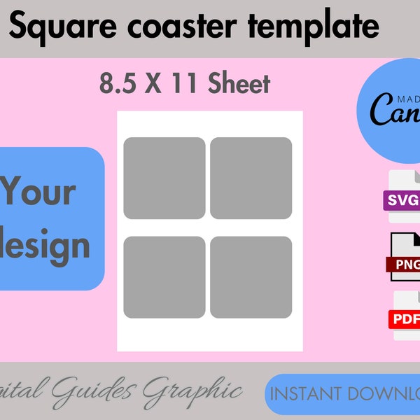 Square coaster template, blank square coaster template, printable template, Canva editable, SVG, PDF, PNG, 8.5 x11 Sheet.