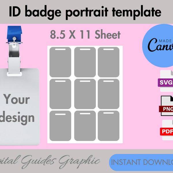 ID Badge portrait label template, ID badge template, Canva editable, printable template, DIY, 8.5 x11 sheet, svg, pdf, png