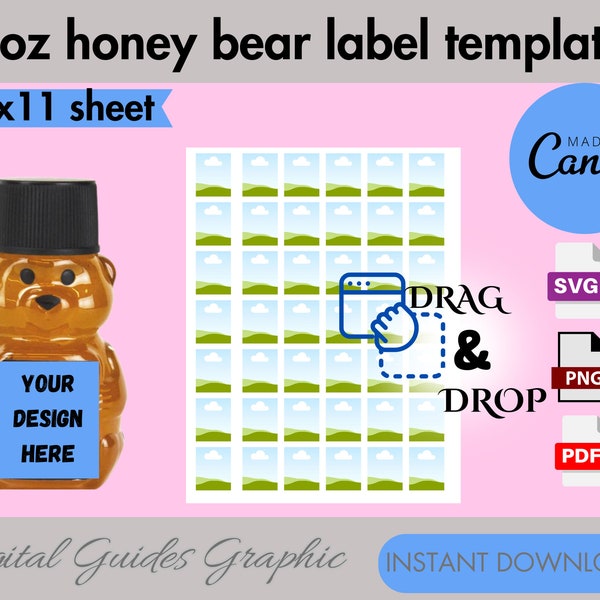 2oz honey bear label template, DIY label template, printable template, sticker template, Canva editable, canva drag and drop.