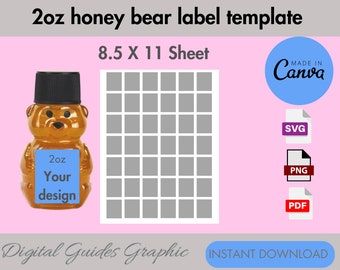 2oz honey bear label template, honey bear label template, printable template, Canva editable, SVG, PDF, PNG, 8.5 X 11 Sheet.