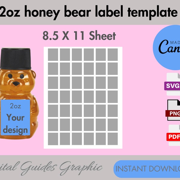 2oz honey bear label template, honey bear label template, printable template, Canva editable, SVG, PDF, PNG, 8.5 X 11 Sheet.