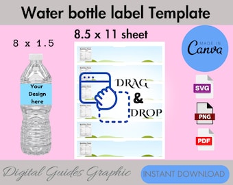 May include: A digital template for water bottle labels, featuring a blue and white design with a hand dragging and dropping a label onto a bottle. The template is available in SVG, PNG, and PDF formats. The text "DRAG & DROP" is visible on the template.