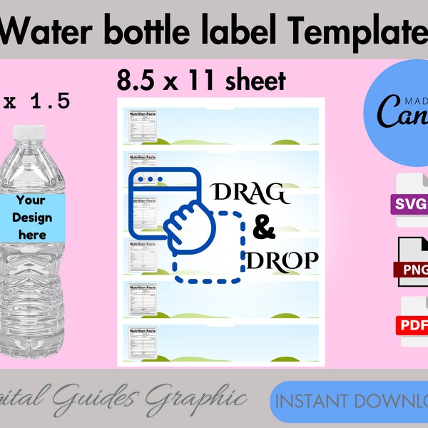 water bottle label blank template, DIY label template, water bottle sticker, SVG, 8.5 x11 sheet, printable, printable label, canva editable.