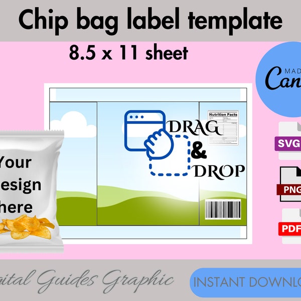Chip bag blank template, chip bag label, DIY chi bag template, party favors, Canva editable, party favor templates, SVG, 8.5 x11 sheet.