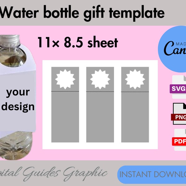 Water bottle label gift tag template, bottle gift tag template, bottle neck hanger template, bottle hang Tag, PNG, SVG, PDF, 8.5x11 sheet.