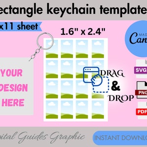 May include: A digital template for creating rectangle keychains. The template includes 16 rectangles, each measuring 1.6 inches by 2.4 inches. The template is designed to be printed on an 8.5 by 11 inch sheet of paper. The text "DRAG & DROP" is included on the template. The template is available in SVG, PNG, and PDF formats.