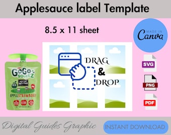 Applesauce pouch label template, juice pouch label, juice label party, Canva editable, DIY juice pouch template,party favors, SVG, 8.5x11.