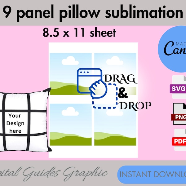 9 panel pillow sublimation template, blank pillow template, DIY custom pillow template, Canva editable, SVG, PNG, 8.5 X11 sheet.