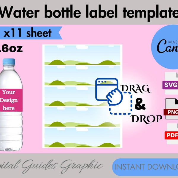 Water bottle labels template, water bottle label svg, DIY label template, water bottle sticker, party favors, party template, Canva edit.