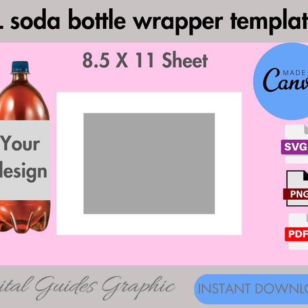 Soda 2L bottle label template, Soda bottle label template, printable label template, Canva editable, SVG, PDF, PNG, 8.5 ×11 Sheet.