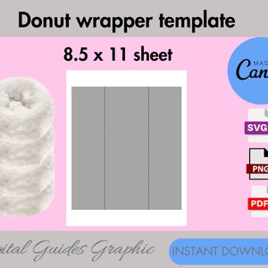 May include: A digital template for donut wrappers, designed to be printed on an 8.5 x 11 inch sheet of paper. The template is shown as a gray rectangle with three vertical lines. The template is available for instant download in SVG, PNG, and PDF formats.