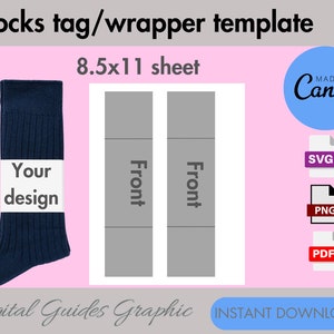 May include: A template for a sock tag or wrapper, with a blue sock on the left and two grey rectangles on the right labelled "Front". The template is for an 8.5x11 inch sheet and is available for instant download in SVG, PNG, and PDF formats.