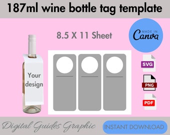 May include: Printable template for wine bottle tags. The template includes three tags with a circle for a design and a line for text. The template is designed to fit on an 8.5 x 11 inch sheet of paper. The template is available in SVG, PNG, and PDF formats.