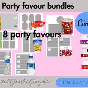 Può includere: Un download digitale di 8 etichette per bomboniere. Le etichette sono in formato griglia e presentano vari marchi di snack popolari come Lay's, Pringles, Capri-Sun e Go-Gurt. Le etichette sono progettate per essere stampate e attaccate alle bomboniere.
