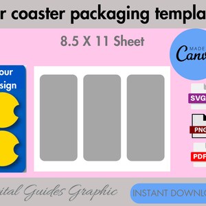 Pode incluir: Um modelo para embalar porta-copos de carro, mostrando três retângulos cinzentos sobre um fundo branco. O modelo mede 8,5 x 11 polegadas e está disponível para download instantâneo nos formatos SVG, PNG e PDF. O texto "MADE IN Canva" é visível no canto superior direito.