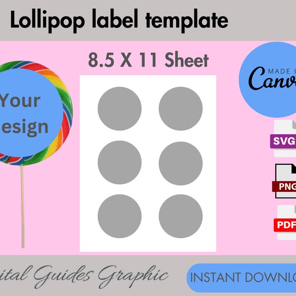 Lollipop label blank template, lollipop label template, DIY custom label template, Canva editable, printable label, SVG, 8.5 x 11 sheet, PNG