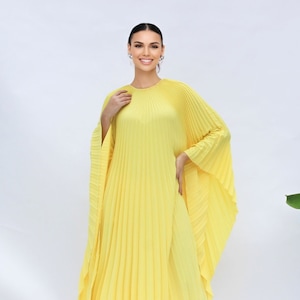 Yellow kaftan pleated dress vacation, wedding dress caftan pleated stylist, Abaya pleated dress, vacation, plus side, holiday midi loose fit